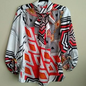 J Lo Geometric Tie Neck Red White Black Blouse
